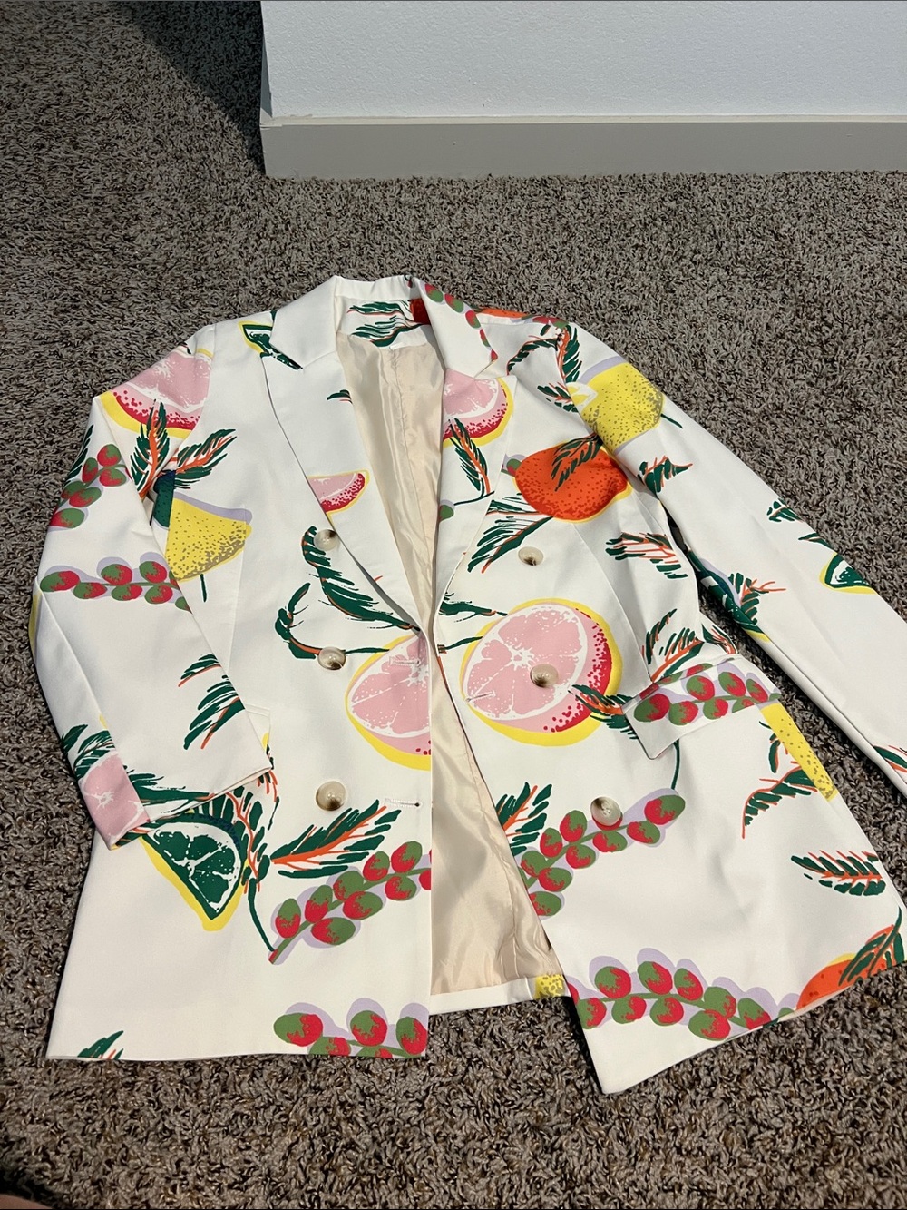 White Women's Double-Breasted Fruit Print Blazer